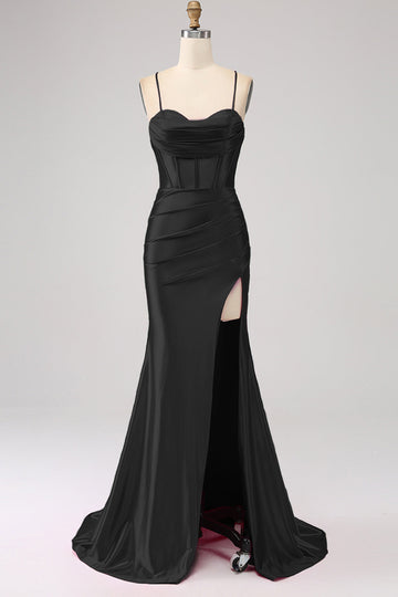 Stunning Black Mermaid Spaghetti Straps Corset Ball Dress with Split Front
